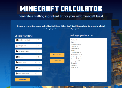 Minecraft Resources Calculator